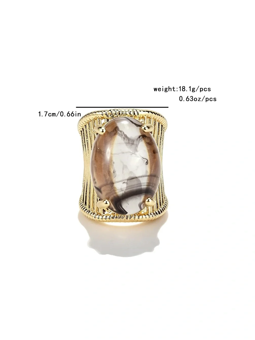 Gold Tone Smoky Marbled Oval Statement Ring Chunky Boho Cocktail Ring